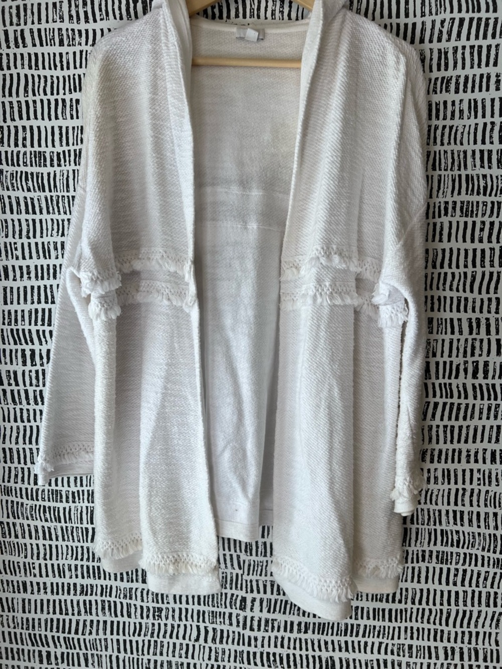 J.Jill Ivory Fringe Trim Open Front Cardigan Sweater Boho Coastal Cozy - Picture 6 of 14